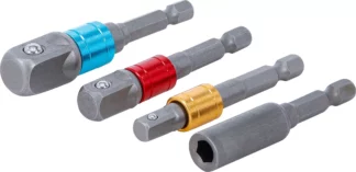 Jeu d’adaptateurs pour visseuses | couleurs | Hexagone mâle 6,3 mm (1/4") | 6,3 mm (1/4"), 10 mm (3/8"), 12,5 mm (1/2"), six pans intérieurs 6,3 mm (1/4") | 4 pièces