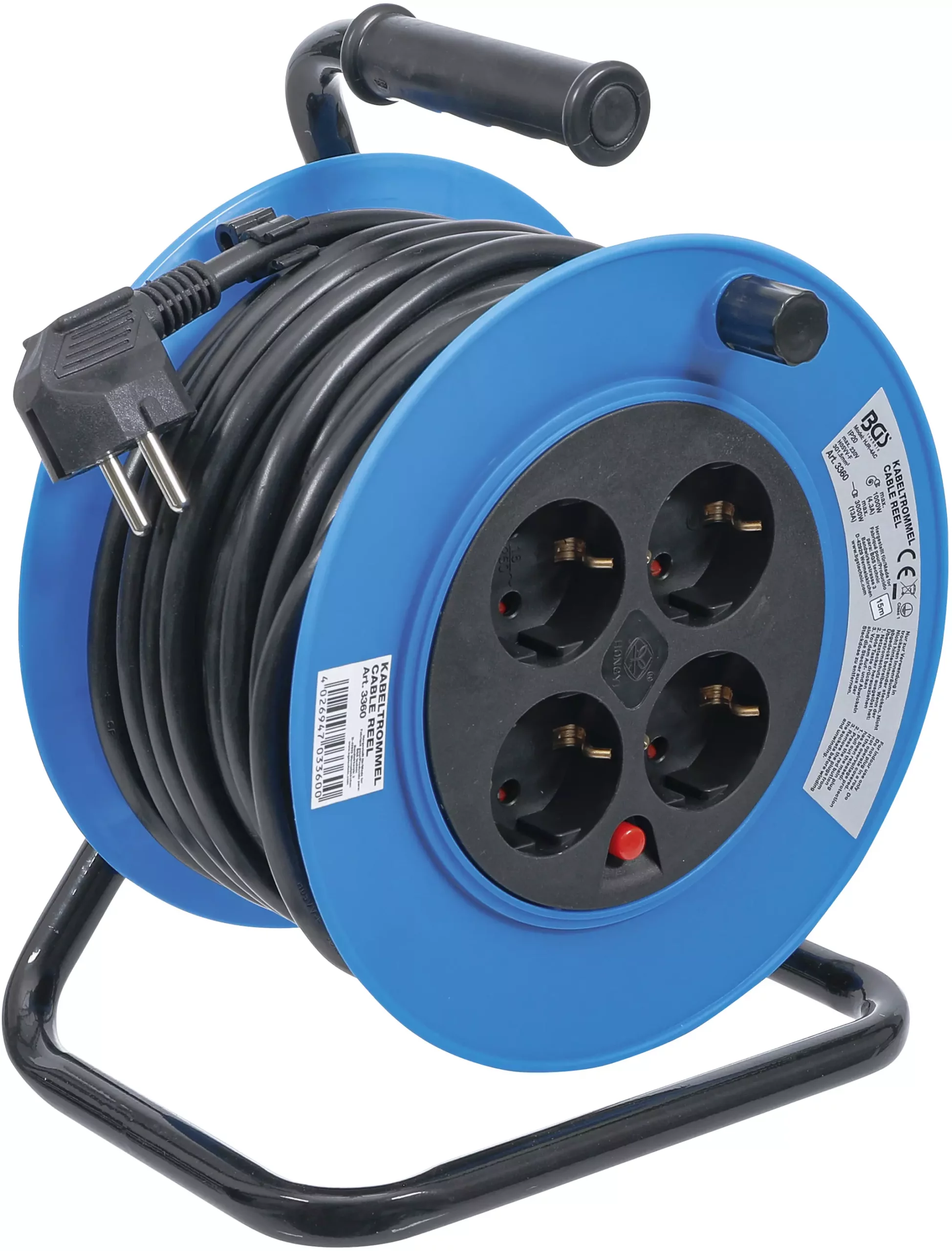 Enrouleur de câble | 15 m | 3 x 1,5 mm² | 4 prises de courant | IP 20 | 3000 W