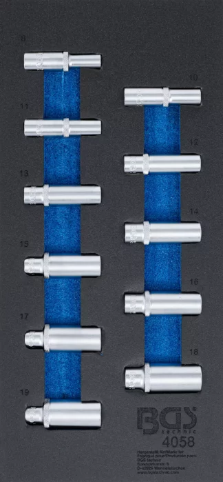 Insert de servante d'atelier 1/3 : Douilles pour clé, six pans | 10 mm (3/8") | 8 - 19 mm | longues | 11 pièces