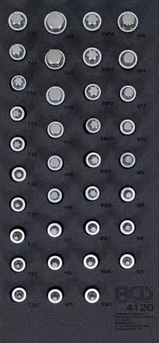 Insert de servante d’atelier 1/3: Jeu de douilles à embouts | carré femelle 12,5 mm (1/2") | hexagone femelle, profil T (pour Torx), polygone femelle (pour XZN), profil cannelé (pour RIBE) | 36 pièces
