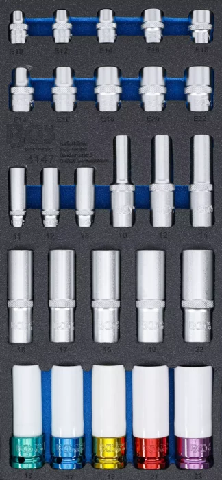 Insert de servante d’atelier 1/3 : Douilles, six pans, longue 11 - 22 mm | profil E, E10 - E22 | 6,3 mm (1/4") / 10 mm (3/8") / 12,5 mm (1/2") | 26 pièces