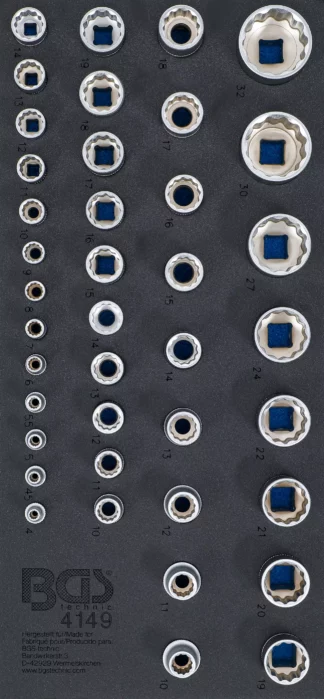 Insert de servante d’atelier 1/3 : Jeu de douilles de clé, douze pans | 6,3 mm (1/4") / 10 mm (3/8") / 12,5 mm (1/2") | 40 pièces
