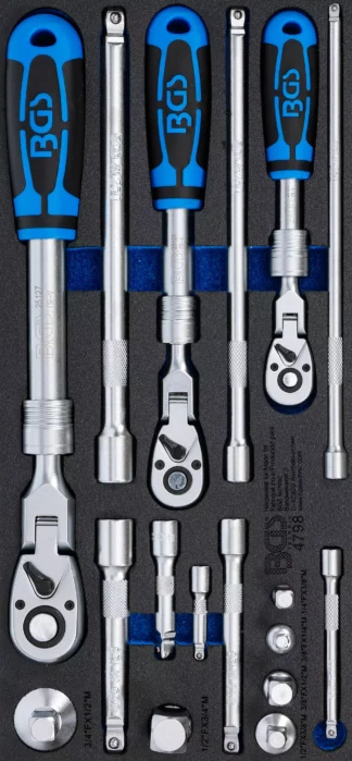 Insert de servante d'atelier 1/3 : Jeu de cliquets | extensible, réversible | 6,3 mm (1/4") - 10 mm (3/8") - 12,5 mm (1/2") | 17 pièces