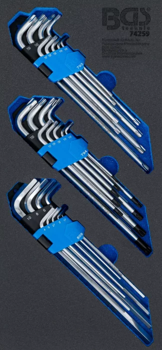Insert de servante d’atelier 1/3 : Jeu de clés allen | extra long | profil T (pour Torx), profil T (pour Torx) avec perçage, six pans intérieurs | 27 pièces