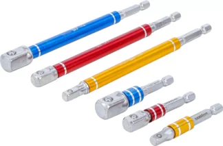 Jeu d’adaptateurs pour visseuses | couleurs | Hexagone mâle 6,3 mm (1/4") | Hexagone femelle 6,3 mm (1/4") / 10 mm (3/8") / 12,5 mm (1/2") | 75 - 150 mm | 6 pièces