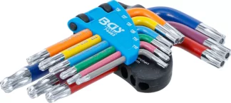 Jeu de clés allen | multicolore | courtes | Profil T (pour Torx) avec perçage et tête sphérique T10 - T50 | 9 pièces