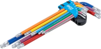 Jeu de clés allen | multicolore | extra longues | Profil T (pour Torx) avec tête sphérique T10 - T50 | 9 pièces