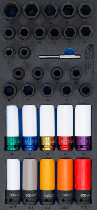 Insert de servante d’atelier 1/3 : Kit de douilles à choc / boulons de roue spéciaux et extracteurs de vis à profil hélicoïdal | 12,5 mm (1/2") | 33 pcs.