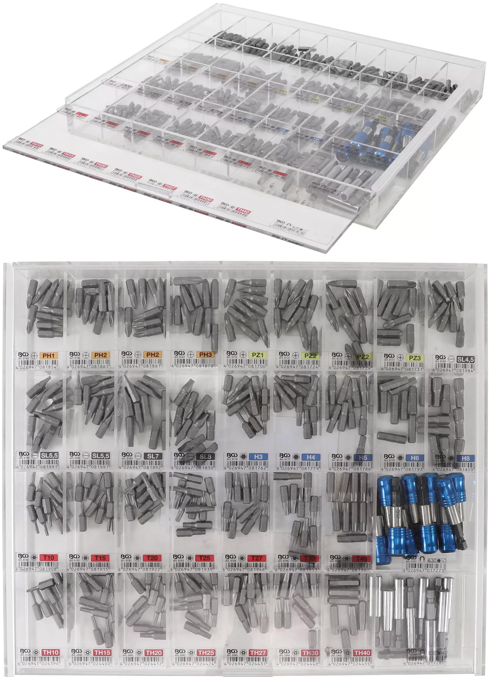 Jeu d’embouts et de porte-embouts | en présentoir de vente | transmission par hexagone mâle 6,3 mm (1/4") | 340 pièces
